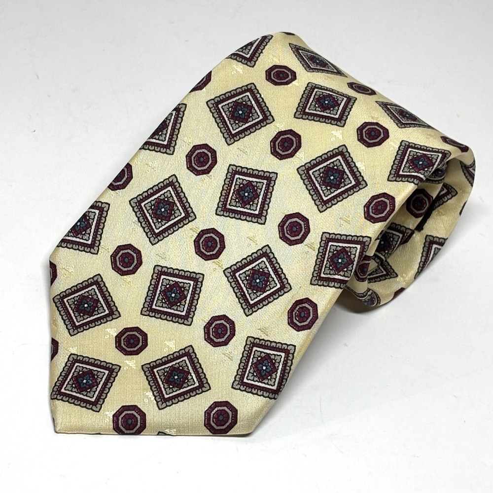 Vtg Zylos George Machado Necktie Mens OS Yellow‎ Silk Geometric Medallion